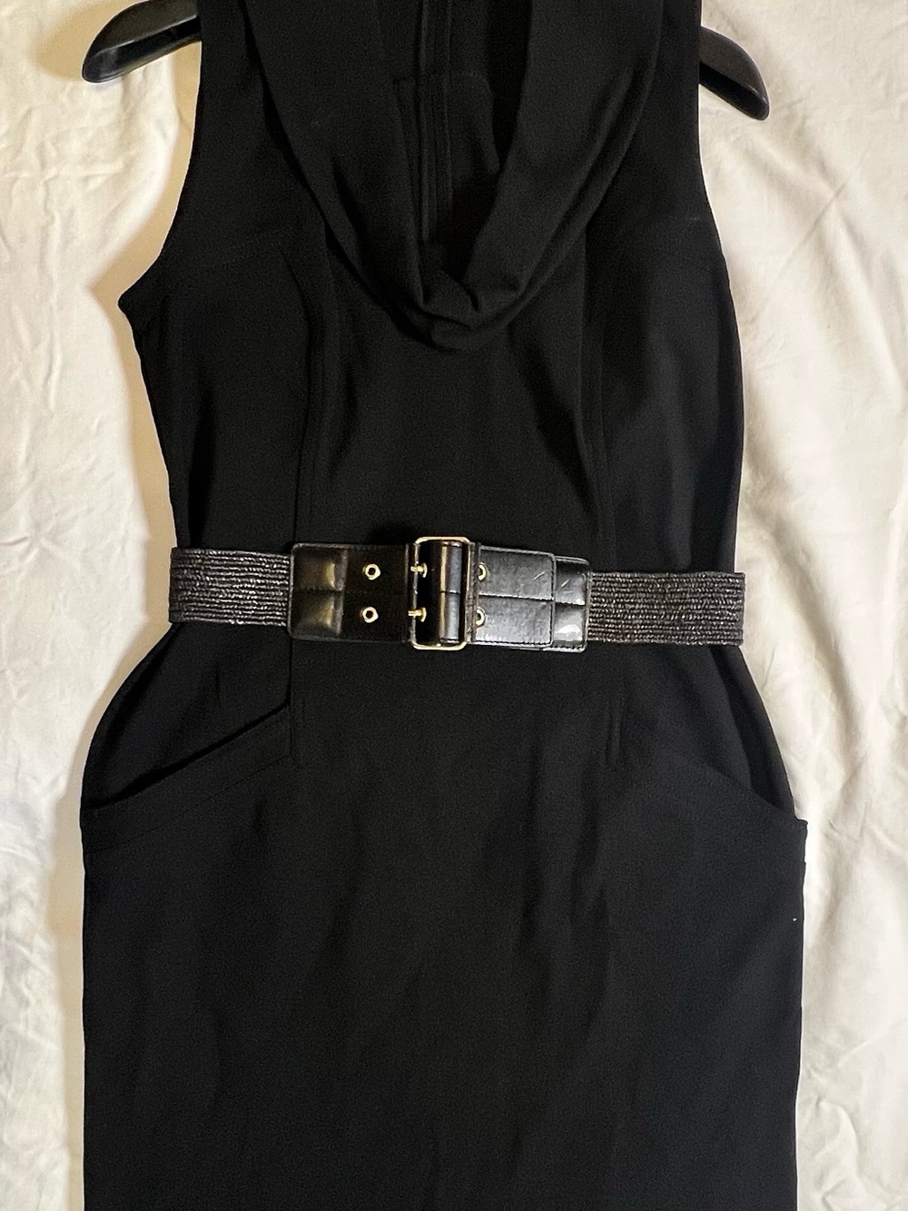 Etcetera Black Sleeveless Cowl-neck Midi Dress with Buckle Belt and Pockets